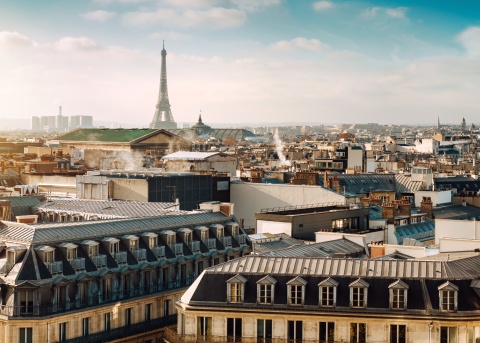 Rooftop view of Paris, France, featuring the Eiffel Tower in the distance