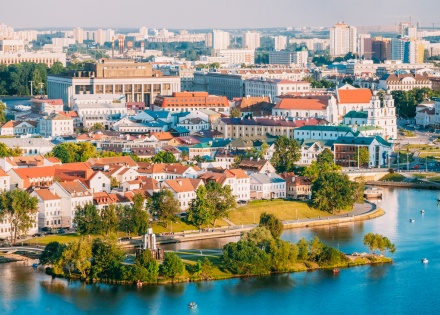 Aerial view of Minsk Belarus from over the Svislach River