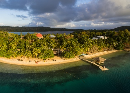 Aerial view of Tonga at sunset viewed from the ocean
