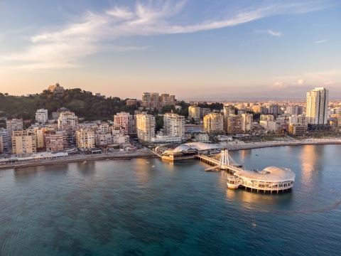 Aerial view from the ocean of Durres Albania's seafront
