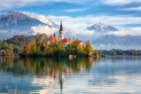  Blejsko Jezero alpine lake and church in Slovenia