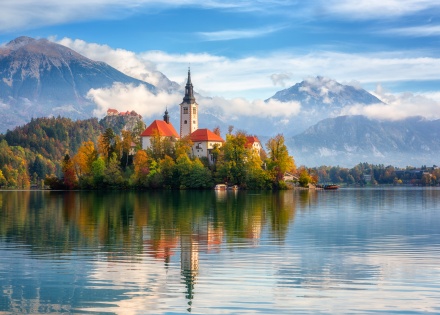  Blejsko Jezero alpine lake and church in Slovenia