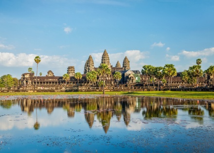 Angkor Wat from across a lake in Siem Reap, Cambodia