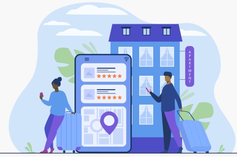 Illustration of person holding phone and rolling suitcase next to an apartment building. Large image of phone with a map on the screen and ratings for apartments nearby.