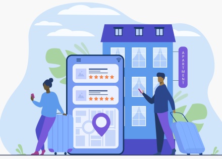 Illustration of person holding phone and rolling suitcase next to an apartment building. Large image of phone with a map on the screen and ratings for apartments nearby.
