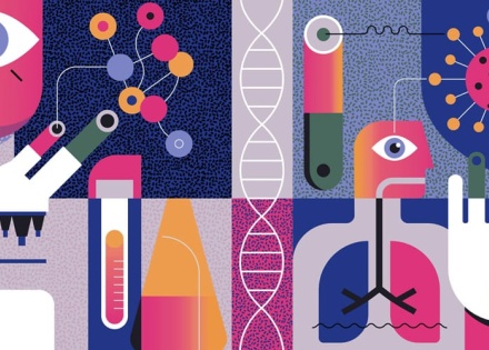 graphic of biotech assets including microscope and beaker