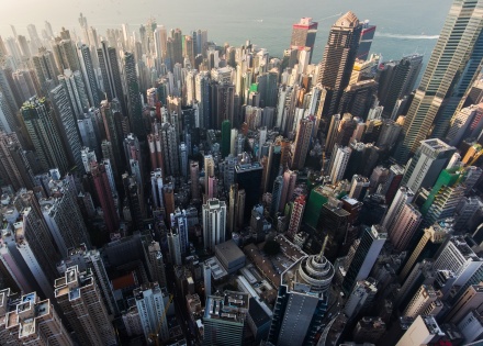 Downtown Hong Kong skyline viewed from the air