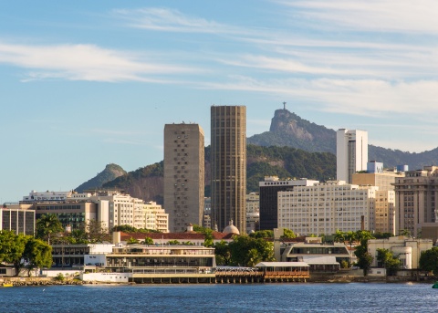 City skyline of Rio de Janeiro, Brazil with Christ the Redeemer statue in the background