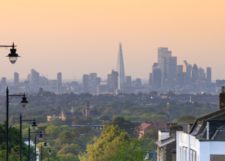 Far view of The Shard multi-use skyscraper and the surrounding skyline in London, England, United Kingdom