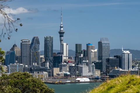 Panoramic view of downtown Auckland New Zealand from Cyril Basset Lookout