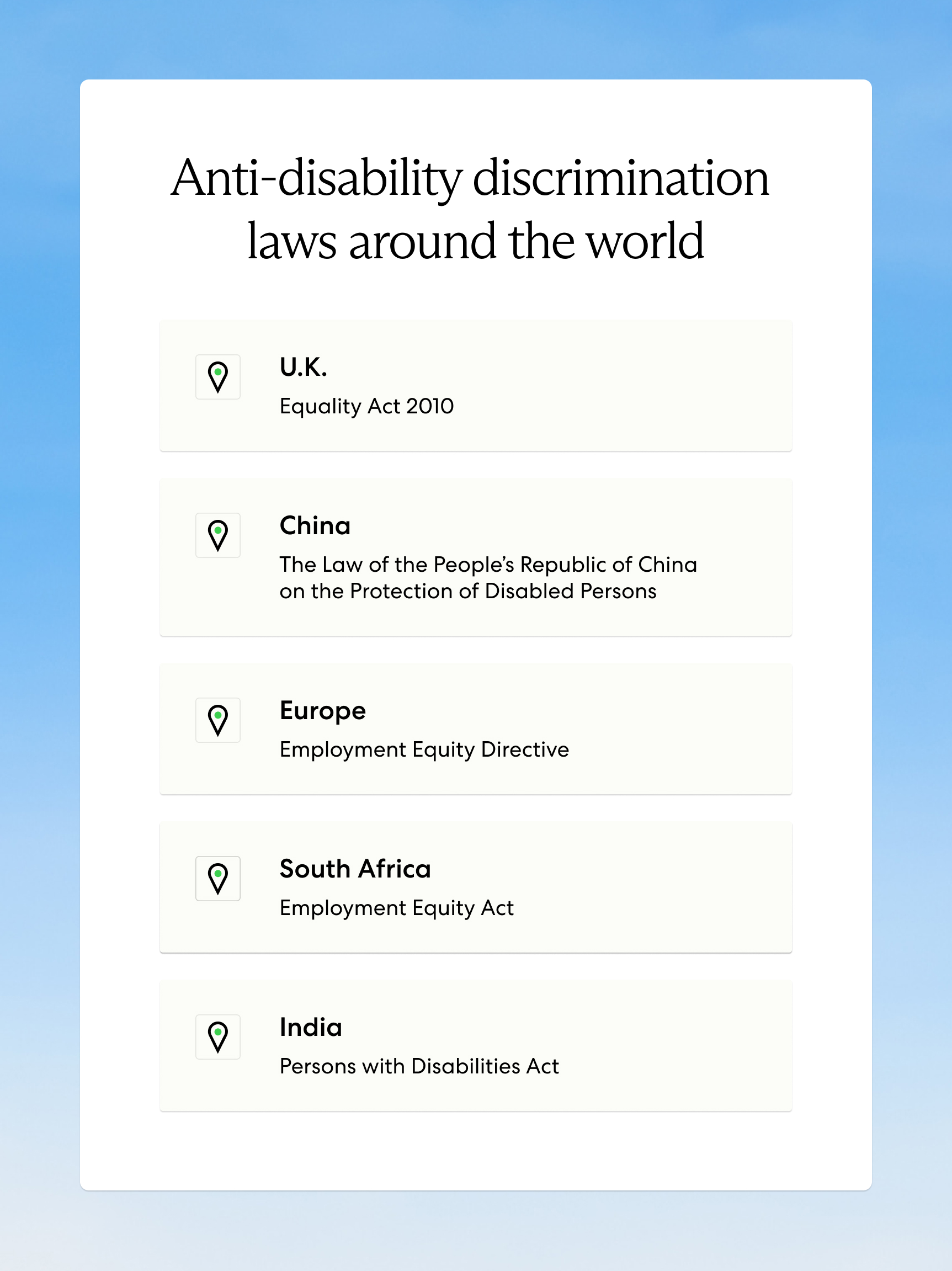 Anti-disability discrimination laws around the world - Equality Act 2010 (U.K.), The Law of the People’s Republic of China on the Protection of Disabled Persons (China), Employment Equity Directive (Europe), Employment Equity Act (South Africa), and the Persons with Disabilities Act (India) 