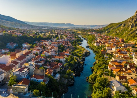 Aerial view of Mostar at sunset in Bosnia and Herzegovina