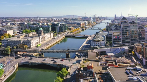Aerial view of the Liffey River and Custom House in Dublin Ireland