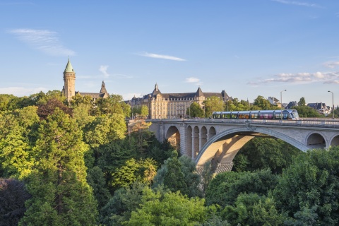 Adolphe Bridge and historic Luxembourg at golden hour