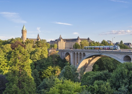 Adolphe Bridge and historic Luxembourg at golden hour