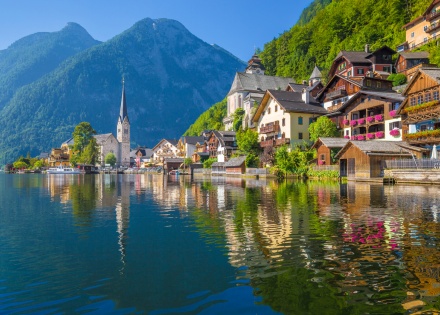 View from Hallstätter Lake of historic Hallstatt village in Austria