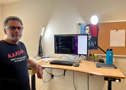 Pebl’s Vice President of Engineering & Chief Architect, Kumar Ramanathan shows off his home office set up 