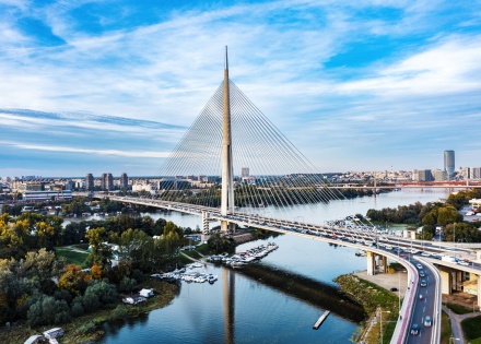 Aerial view of the Ada Bridge over the Sava River in Belgrade Serbia