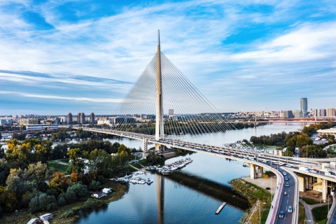 Aerial view of the Ada Bridge over the Sava River in Belgrade Serbia