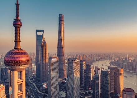 Aerial view of the financial hub Shanghai, China with the Oriental Pearl Tower in the foreground