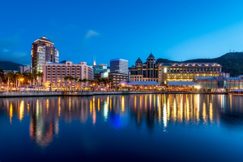 Port Louis in Mauritius reflecting on the ocean at night