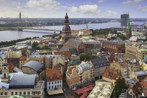 Aerial view of the banks of old town Riga Latvia