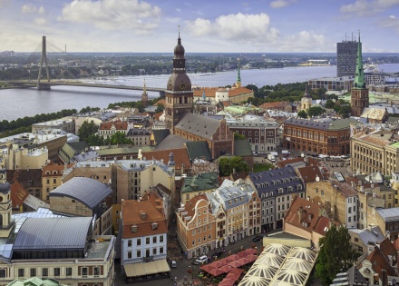 Aerial view of the banks of old town Riga Latvia