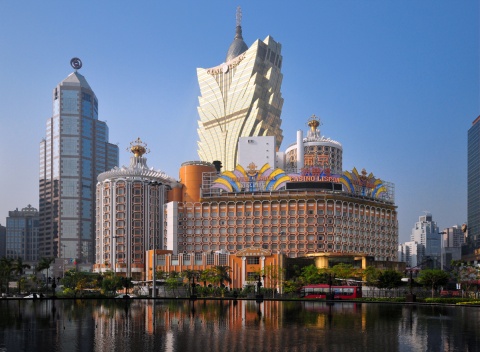 Grand Lisboa Casino in Macau from across Nam Van Lake
