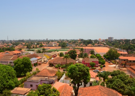 Aerial view Guinea Bissau’s red roofs and lush trees