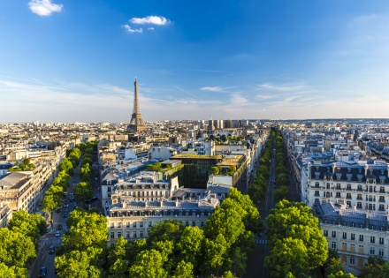 Aerial view of Paris’ boulevards and the Eiffel Tower in France