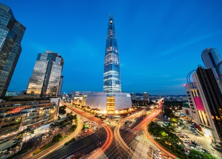 Lotte tower at night in Seoul, South Korea