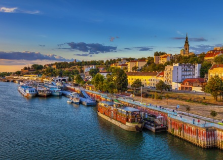  Aerial view of Belgrade and its harbor at sunset