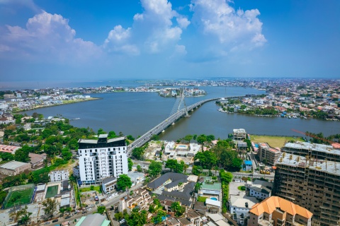 Aerial view of Lagos Nigeria and the Lekki-Ikoyi Link Bridge