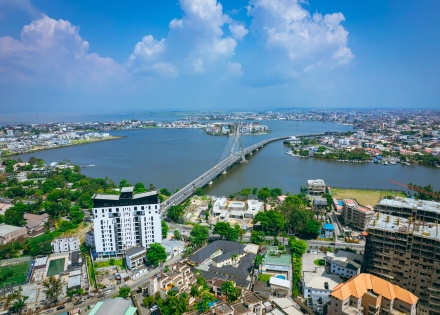Aerial view of Lagos Nigeria and the Lekki-Ikoyi Link Bridge