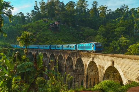 Blue train crossing the Nine Arch Bridge in Sri Lanka