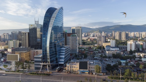 Aerial view of Ulaanbaatar's Blue Sky Building in Mongolia