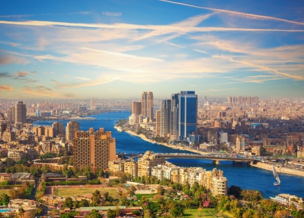 Aerial view of Cairo Egypt’s Nile riverfront at golden hour