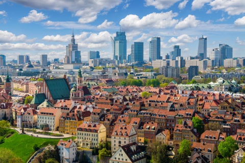 Warsaw old town and distant city center