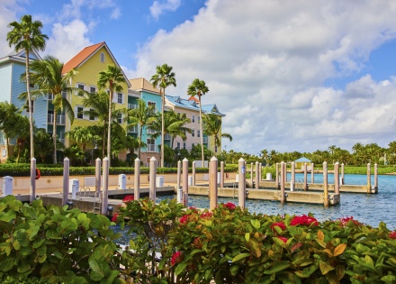  Waterfront dock with pastel buildings and palms in the Bahamas
