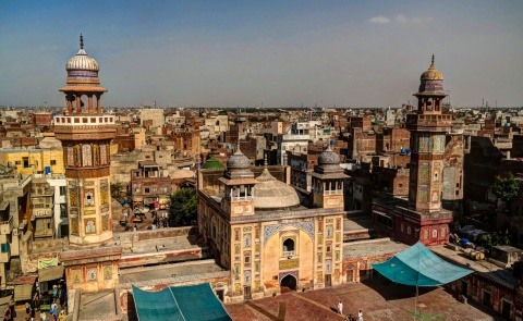 Aerial view of Wazir Khan Mosque in Lahore Pakistan.