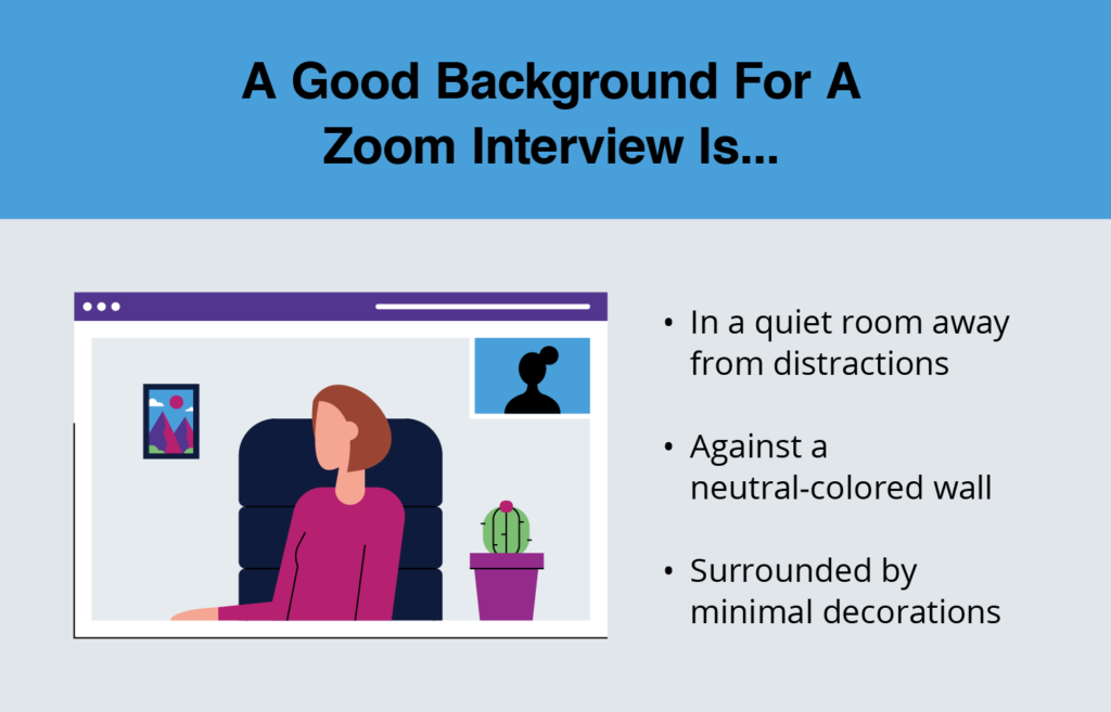 Infographic titled A Good Background For A Zoom Interview is... with 3 bullet points: quiet room away from distractions, neutral-colored all, minimal decorations. 