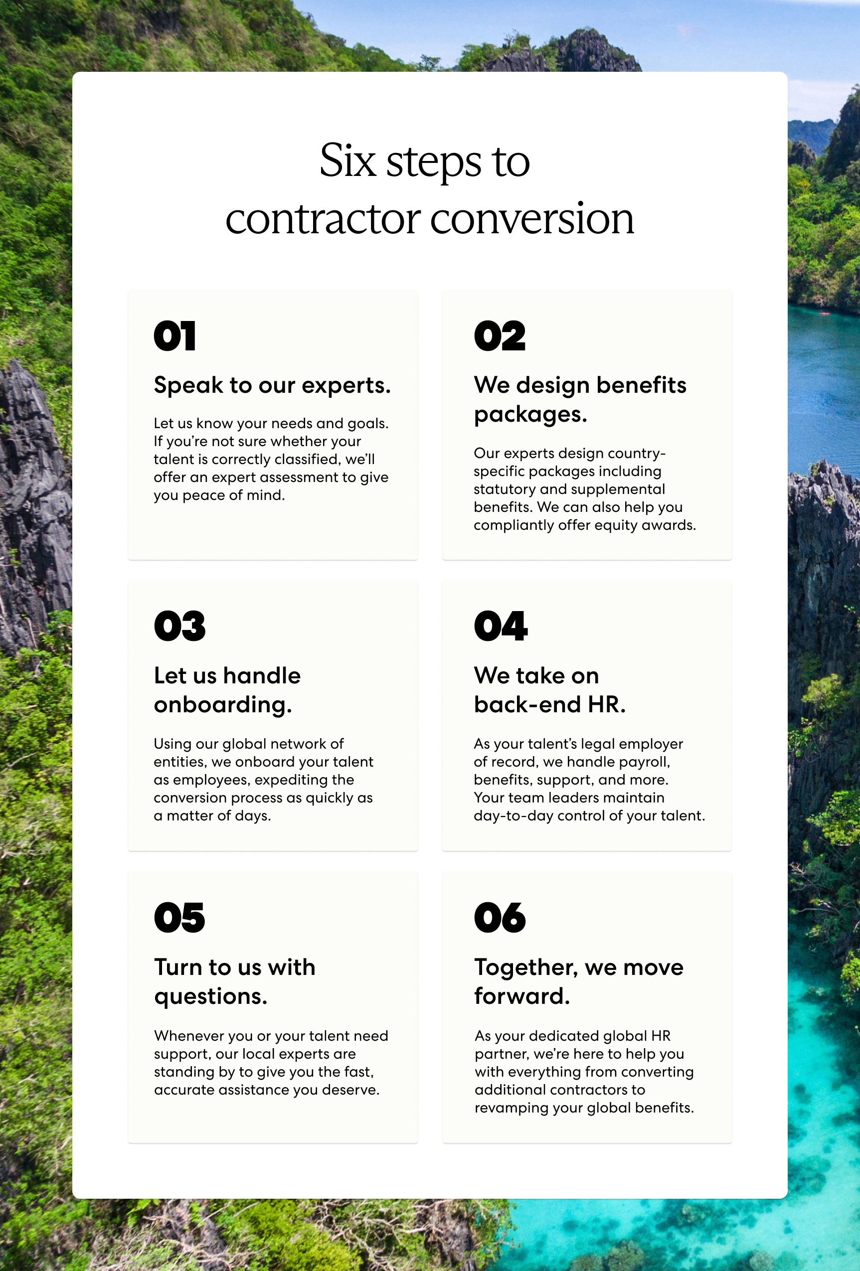 Pebl handles all steps of contractor conversion, from classification to onboarding, benefits, payroll, and ongoing support