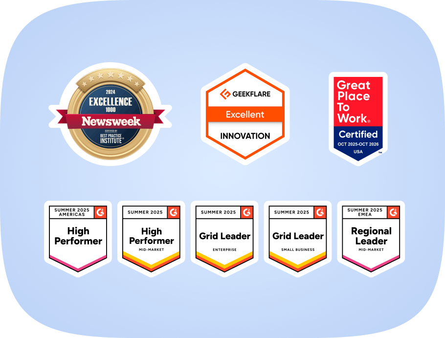 Compilation of Pebl G2 badges: 2025 High Performer, Grid Leader, Regional Leader, and more.