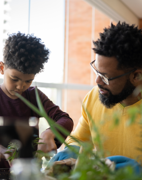 Father and son potting plants together